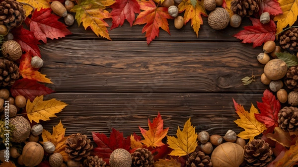 Fototapeta Vibrant autumn leaves, pinecones, and various nuts forming a rustic border on a dark wooden background, perfect for fall themes.