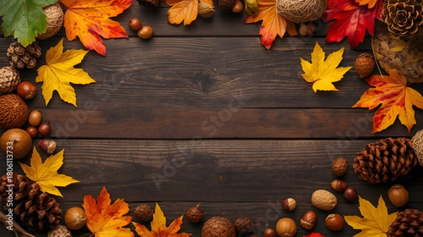 Fototapeta Autumn background with colorful fall leaves, pinecones, and acorns on a dark rustic wooden table, top view with copy space.