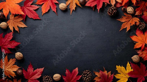 Fototapeta Autumn leaves, pinecones, and walnuts creating a vibrant border on a dark background, perfect for fall themes.