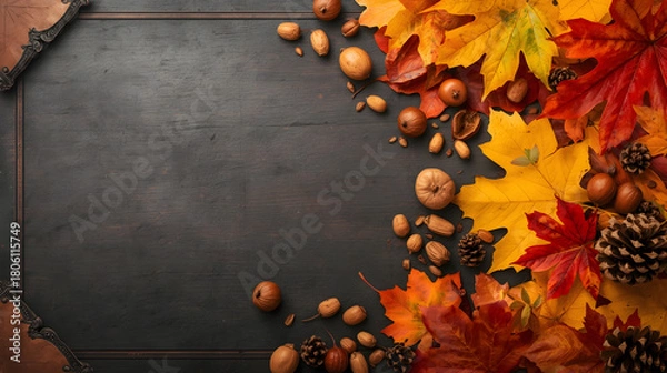 Fototapeta Autumn leaves, acorns, and pinecones arranged on a dark wooden background, creating a festive fall border.