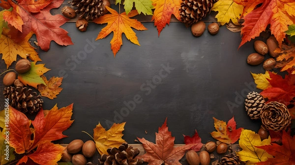 Fototapeta Autumn leaves, pinecones, and nuts forming a vibrant fall border around a dark empty background, perfect for seasonal greetings or messages.