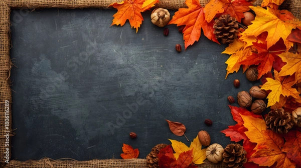 Fototapeta Autumn leaves, pinecones, and nuts arranged on a dark chalkboard with a rustic frame, providing copy space for seasonal messages.