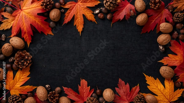 Fototapeta Autumn frame with colorful maple leaves, walnuts, pinecones, and hazelnuts on a dark textured background, creating a cozy fall border.