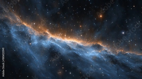 Fototapeta Abstract cosmic cloudscape with swirling blue and orange nebula luminous galaxy clouds and starry deep space background for fantasy sci fi design