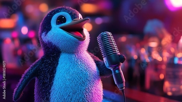 Obraz Stuffed penguin holding a microphone at a karaoke night