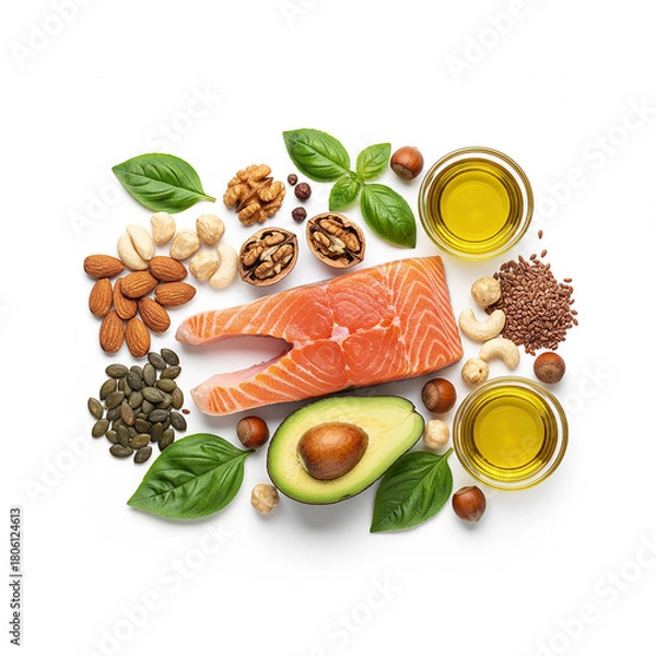 Fototapeta A vibrant overhead shot of various healthy fat sources including salmon, avocado, nuts, seeds, and olive oil, arranged on a white background.