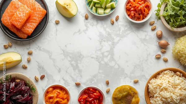 Fototapeta A top-down view of various fresh and healthy food ingredients like salmon, vegetables, fruits, and grains arranged on a white marble background, ready for meal preparation.