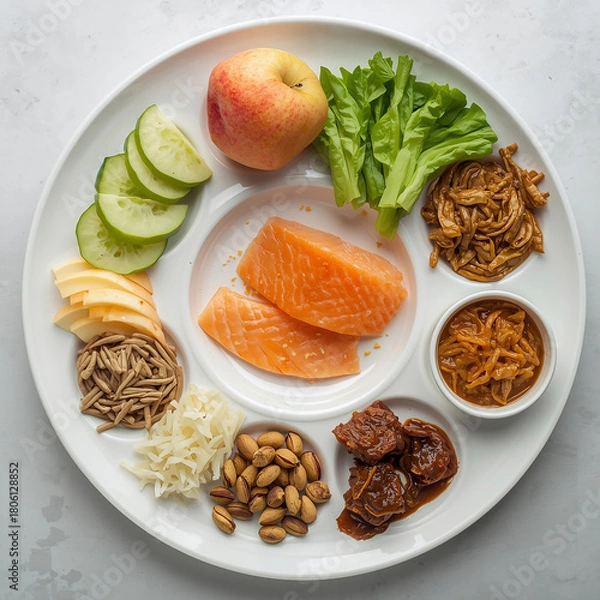 Fototapeta A white round platter filled with various ingredients including raw salmon, sliced cucumbers, an apple, lettuce, shredded chicken, almonds, noodles, and stewed fruit, arranged for a healthy meal.