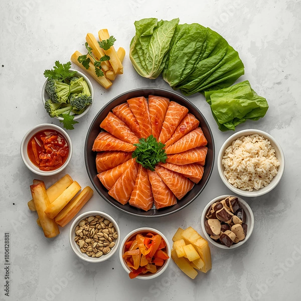 Fototapeta Overhead view of a healthy meal spread featuring raw salmon slices arranged in a circle, surrounded by various fresh vegetables, rice, and other side dishes on a light background.
