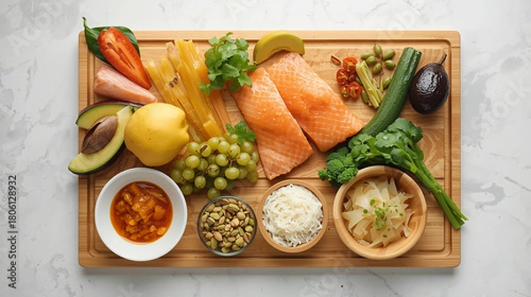 Fototapeta A vibrant assortment of fresh ingredients including salmon, fruits, and vegetables on a wooden cutting board.