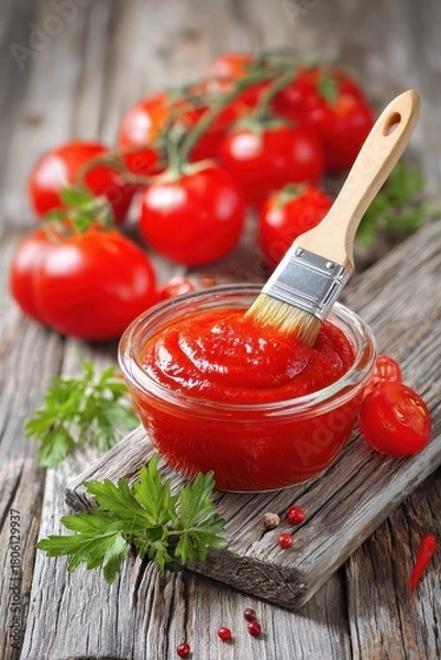 Fototapeta Tomato ketchup in glass bowl with brush fresh tomatoes parsley and peppercorns on rustic wood