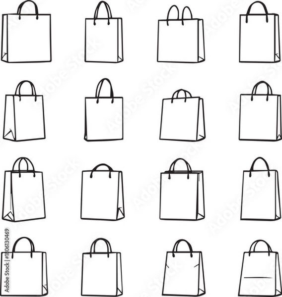 Obraz Set of 16 black line icons of shopping bags with varied shapes, handles, and perspectives in minimalist style