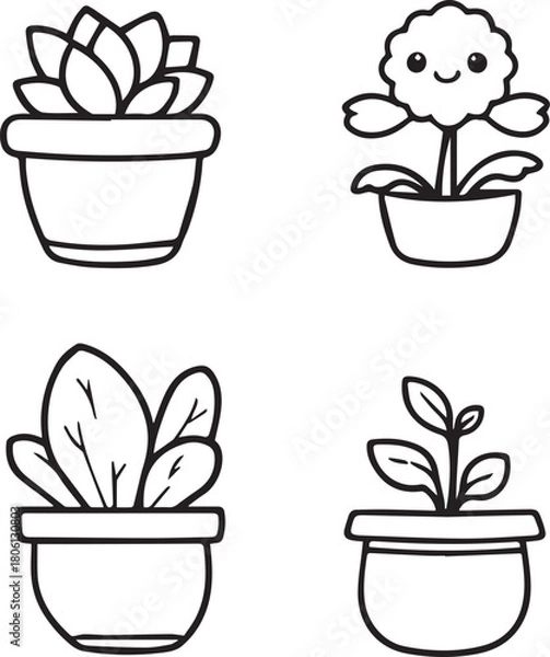 Obraz Set of four black line icons of potted plants including succulent, flower, leafy stem, and cartoon bloom