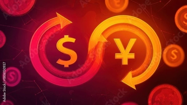 Fototapeta Dollar and Yen currency symbols exchange with circular arrows and coin graphics