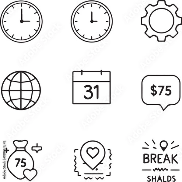 Obraz Grid of 9 black line icons for time, settings, global, calendar, money, location, and break concepts