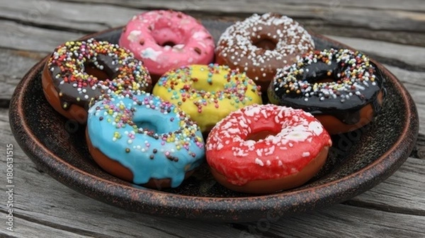 Obraz Assortment of colorful iced donuts with sprinkles on a rustic plate on a wooden table