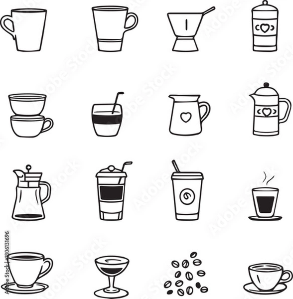 Obraz Grid of 16 black line icons of coffee cups, brewing tools, beans, and accessories in minimalist style