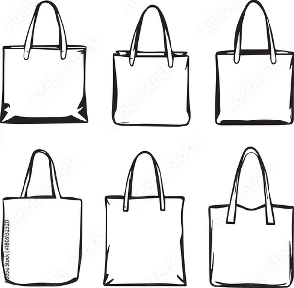 Obraz Set of six tote bag illustrations with varied shapes and handle styles in black and white line style