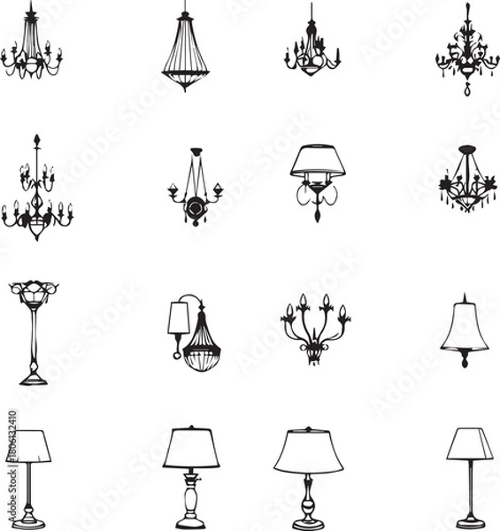 Obraz Elegant Lighting Fixture Icon Set: Classic Chandeliers, Pendant Lights, and Table Lamps Vectors