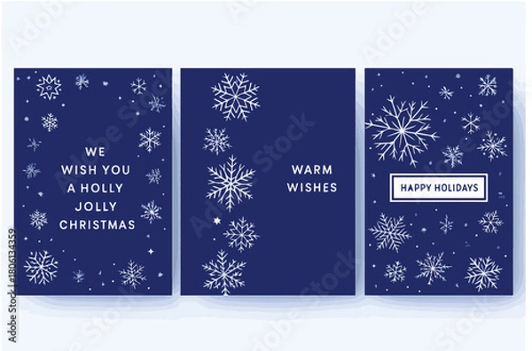 Obraz Classic Navy Blue Christmas and Holiday Cards Set. Winter Snowflake Pattern Background. Elegant Merry Christmas and Warm Wishes Vector Templates.