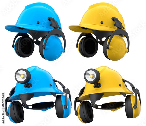 Obraz Protective helmets with mounted LED headlamps isolated on white background with clipping path, safety construction equipment