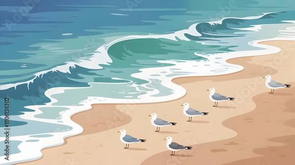 Obraz Ocean beach illustration with seagulls standing on the sand as waves gently break on the shore