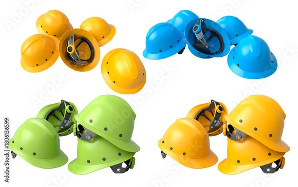 Obraz Set of construction safety helmets isolated on white transparent background, symbolizing safety and industry standards