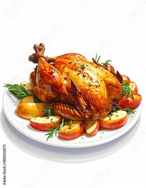 Fototapeta Roasted Chicken with Apples and Herbs - A Delicious Holiday Feast.
