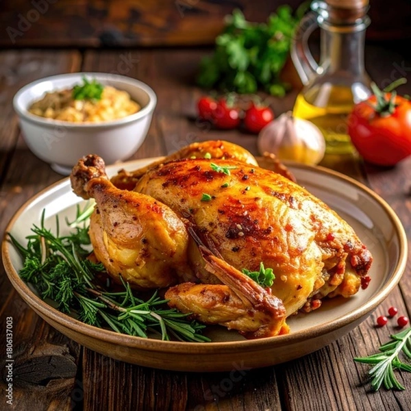 Fototapeta Roasted Chicken with Rosemary and Garlic - A Delicious and Healthy Meal.
