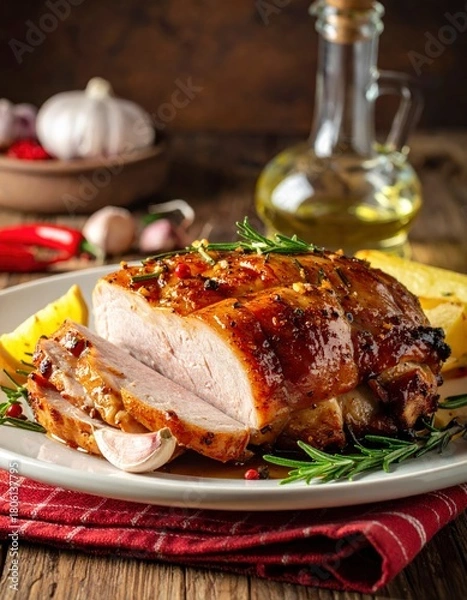 Fototapeta Roasted Pork Loin with Garlic and Rosemary on Rustic Wooden Table.