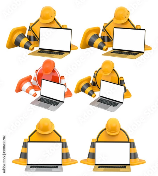 Fototapeta Laptops with blank screens surrounded by construction helmets, cones and warning signs on white background with clipping path