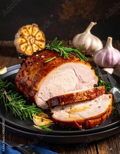 Fototapeta Roasted Turkey Breast with Garlic and Rosemary on a Rustic Wooden Table.