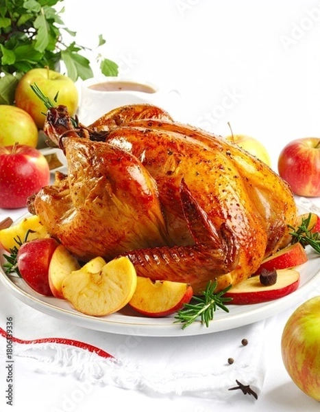 Fototapeta Roasted Turkey with Apples - A Festive Thanksgiving Feast.