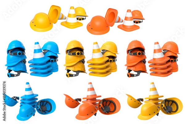 Obraz Stack of construction helmets and traffic cones isolated white background with clipping path, representing safety equipment