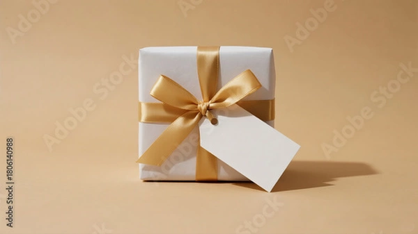 Fototapeta A clean sharp studio shot of a small elegant blank gift box tied with a gold ribbon isolated on a warm neutral background