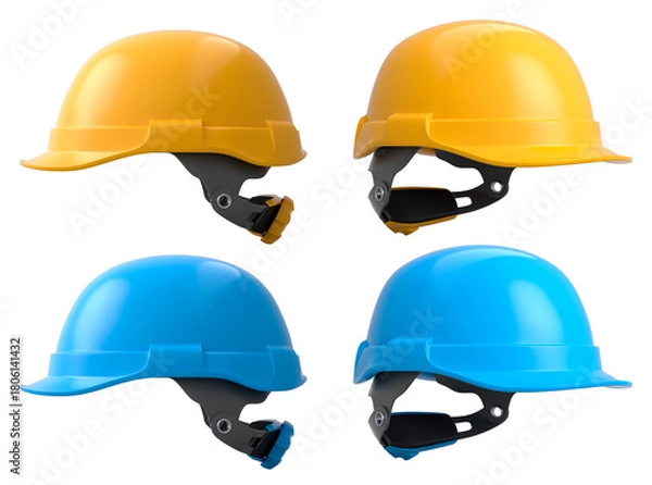 Obraz Set of construction safety helmets isolated on white transparent background, symbolizing safety and industry standards