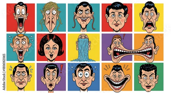 Obraz A grid of 15 cartoon faces with exaggerated and humorous expressions on colorful backgrounds.