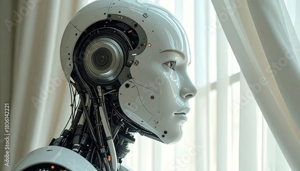 Fototapeta Robot Gazing Out Window - A Moment of Artificial Contemplation.