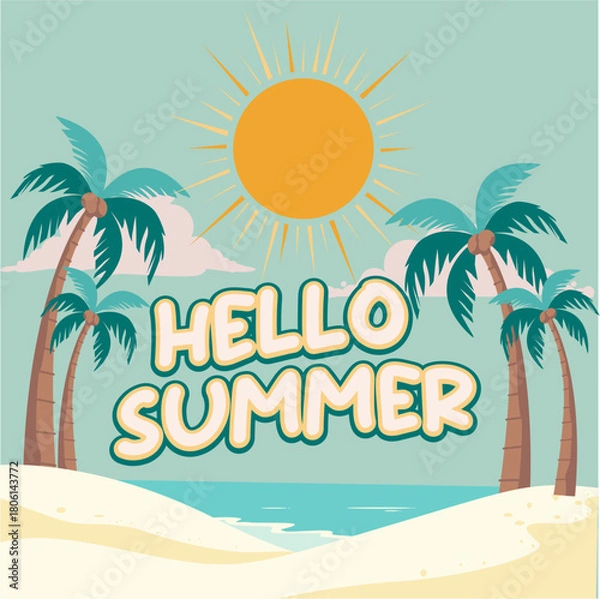 Obraz Hello Summer Beach Illustration with Palm Trees and Sun