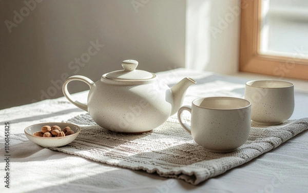 Obraz Ceramic tea set under morning sunlight by window