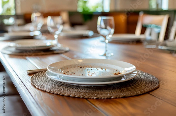 Obraz Dirty plate on wooden dining table after meal