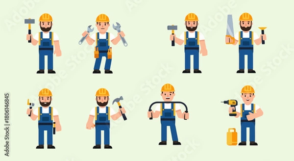 Fototapeta Construction Workers with Tools Set Diverse Handymen Poses for Building and Renovation Projects