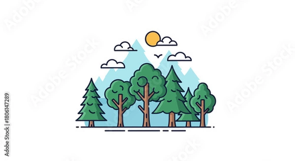 Fototapeta A minimalist illustration of a forest with trees, mountains, clouds, and a sun against a white background.