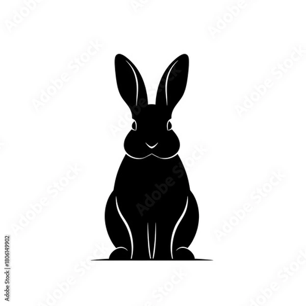 Fototapeta Black silhouette of a rabbit sitting and facing forward isolated on white