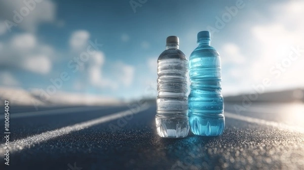 Obraz Two Mineral Water Bottles on Track Start Line in Bright Light