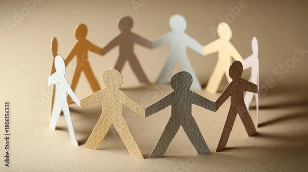 Obraz People made of paper hold hands in a circle, symbolizing unity and diversity in a community setting during daylight