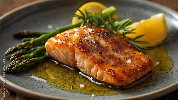 Fototapeta A gourmet plating of succulent baked salmon fillet, perfectly cooked with crispy, golden-brown seared crust