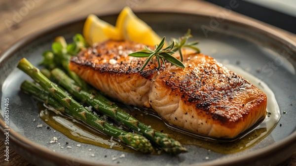 Fototapeta A gourmet plating of succulent baked salmon fillet, perfectly cooked with a crispy, golden-brown seared crust