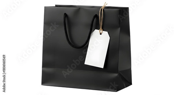 Obraz A plain black shopping bag with a blank white tag hanging from its handle, isolated on a transparent background