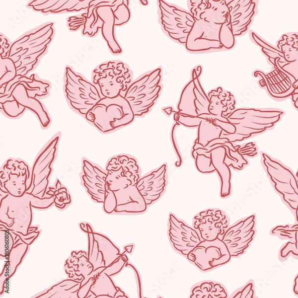 Fototapeta Flat vector whimsical cupids seamless pattern